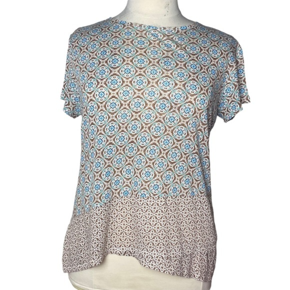 J.Jill Love Linen Medium Love Linen Short Sleeve‎ Boxy Boho Printed Tee Shirt